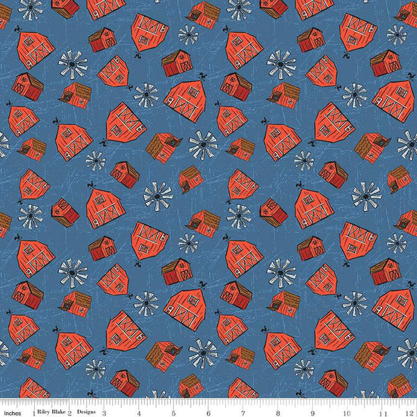 Image of the Farm Livin Barn Toss Denim quilting cotton fabric by Riley Blake Designs. Features tossed barns and windmills on a dark blue background. 
Cute Little Fabric Shop