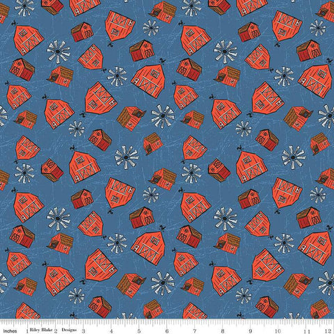 Image of the Farm Livin Barn Toss Denim quilting cotton fabric by Riley Blake Designs. Features tossed barns and windmills on a dark blue background. 
Cute Little Fabric Shop