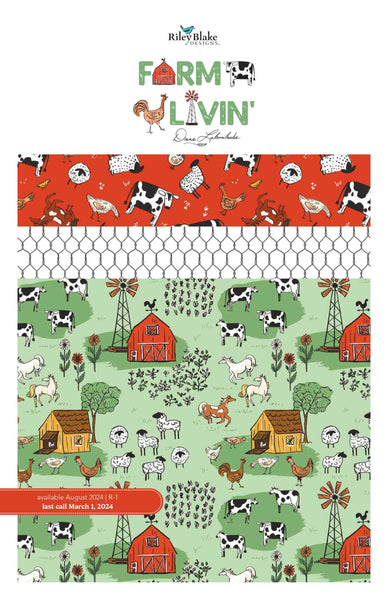 Image of the Farm Livin storyboard. Features farm animals and buildings on a green background with white and red coordinating fabrics.
Cute Little Fabric Shop