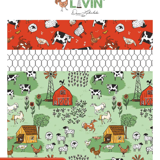 Image of the Farm Livin storyboard. Features farm animals and buildings on a green background with white and red coordinating fabrics.
Cute Little Fabric Shop
