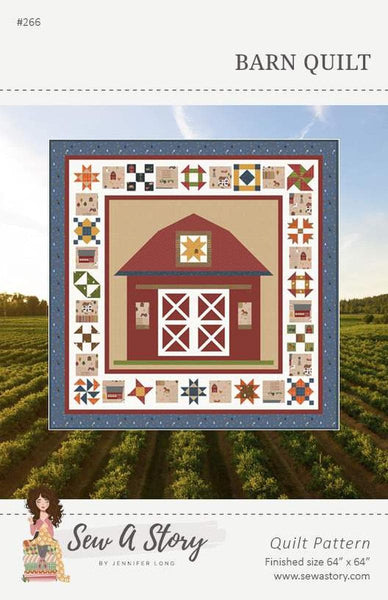 Image of the Jennifer Long Barn Quilts quilt pattern for Riley Blake Designs. Features a large barn with varied quilt squares on the border. 
Cute Little Fabric Shop