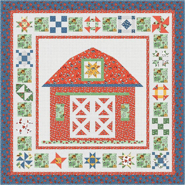 Image of the Jennifer Long Barn Quilts quilt pattern for Riley Blake Designs. Features a large barn with varied quilt squares on the border. 
Cute Little Fabric Shop