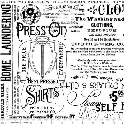 Image of the Press On Pressing Matters White quilting cotton fabric by J. Wecker Frisch for Riley Blake Designs. Features vintage iron-themed text and icons on a white background. 
Cute Little Fabric Shop