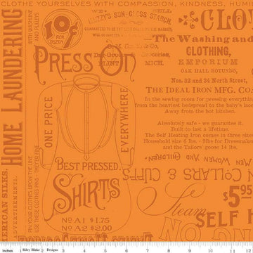 Image of the Press On Pressing Matters Orange quilting cotton fabric by J. Wecker Frisch for Riley Blake Designs. Features vintage iron-themed text and icons on an orange background. 
Cute Little Fabric Shop