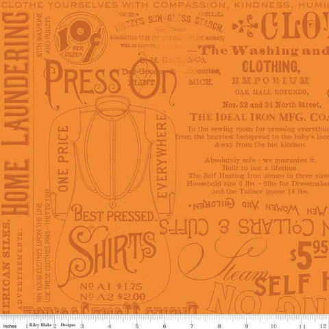 Image of the Press On Pressing Matters Orange quilting cotton fabric by J. Wecker Frisch for Riley Blake Designs. Features vintage iron-themed text and icons on an orange background. 
Cute Little Fabric Shop