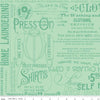 Image of the Press On Pressing Matters Mint quilting cotton fabric by J. Wecker Frisch for Riley Blake Designs. Features vintage iron-themed text and icons on a mint green background. 
Cute Little Fabric Shop