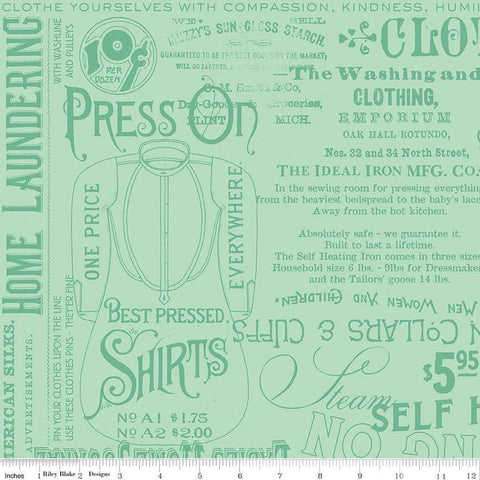 Image of the Press On Pressing Matters Mint quilting cotton fabric by J. Wecker Frisch for Riley Blake Designs. Features vintage iron-themed text and icons on a mint green background. 
Cute Little Fabric Shop