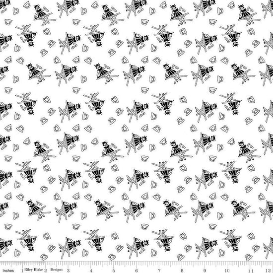 Image of the Press On Girl White quilting cotton fabric by J. Wecker Frisch for Riley Blake Designs. Features a girl ironing and vintage irons on a white background. 
Cute Little Fabric Shop