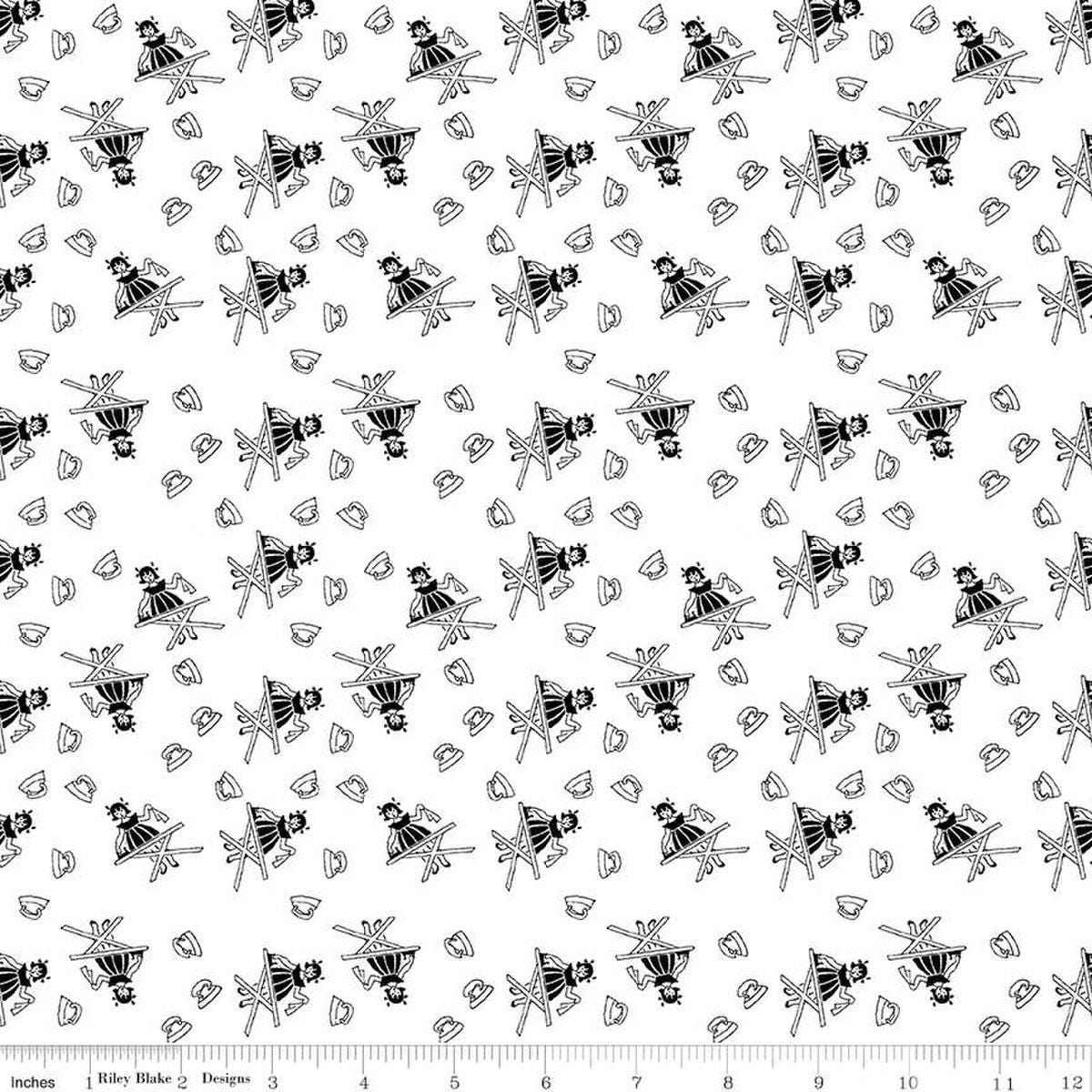 Image of the Press On Girl White quilting cotton fabric by J. Wecker Frisch for Riley Blake Designs. Features a girl ironing and vintage irons on a white background. 
Cute Little Fabric Shop