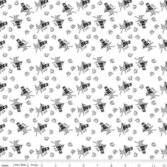Image of the Press On Girl White quilting cotton fabric by J. Wecker Frisch for Riley Blake Designs. Features a girl ironing and vintage irons on a white background. 
Cute Little Fabric Shop