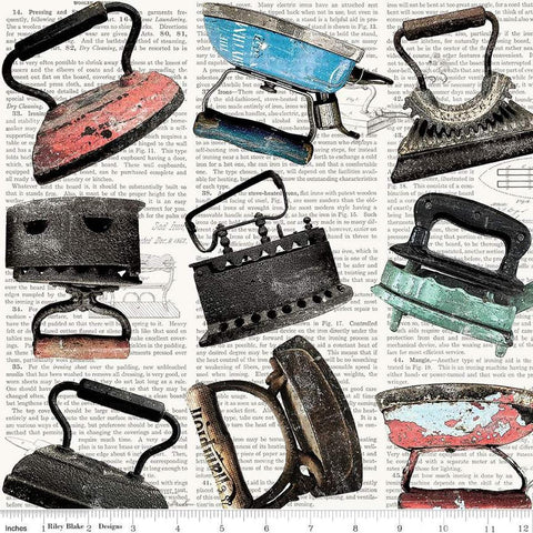 Image of the Press On Iron Toss Multi quilting cotton fabric by J. Wecker Frisch for Riley Blake Designs. Features vintage irons on a background of iron-themed text on a white background. 
Cute Little Fabric Shop