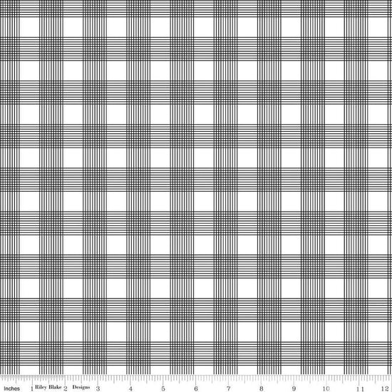 Image of the Press On Pinstripe Plaid Black quilting cotton fabric by J. Wecker Frisch for Riley Blake Designs. Features a thin stripe plaid on a white background. 
Cute Little Fabric Shop