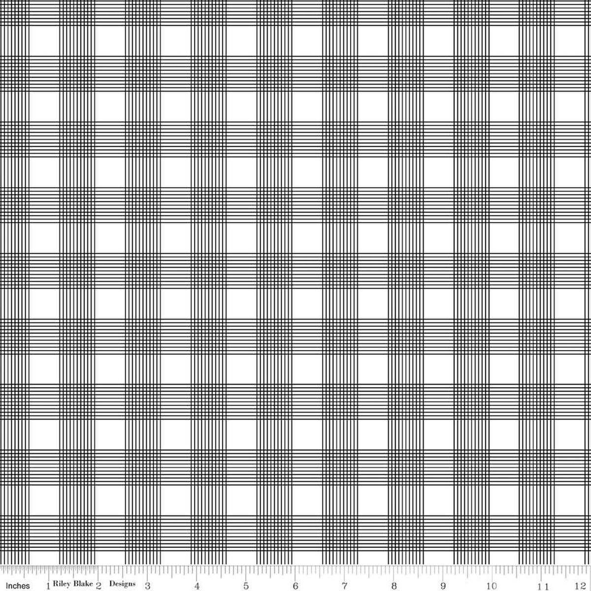 Image of the Press On Pinstripe Plaid Black quilting cotton fabric by J. Wecker Frisch for Riley Blake Designs. Features a thin stripe plaid on a white background. 
Cute Little Fabric Shop
