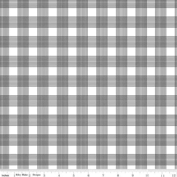 Image of the Press On Pinstripe Plaid Black quilting cotton fabric by J. Wecker Frisch for Riley Blake Designs. Features a thin stripe plaid on a white background. 
Cute Little Fabric Shop