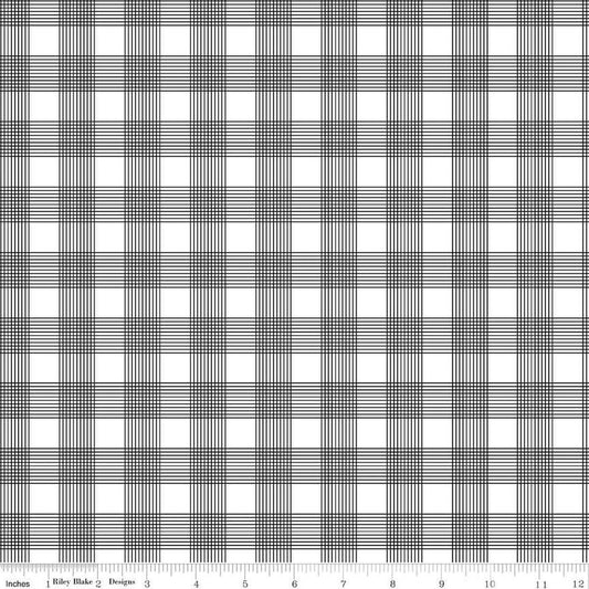 Image of the Press On Pinstripe Plaid Black quilting cotton fabric by J. Wecker Frisch for Riley Blake Designs. Features a thin stripe plaid on a white background. 
Cute Little Fabric Shop