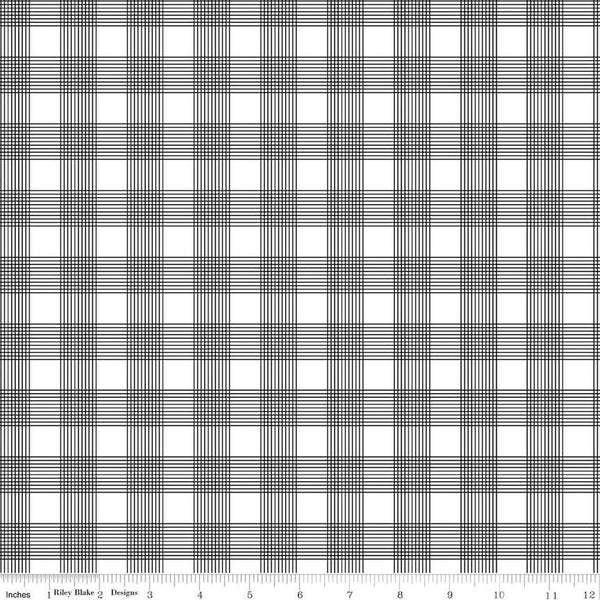 Image of the Press On Pinstripe Plaid Black quilting cotton fabric by J. Wecker Frisch for Riley Blake Designs. Features a thin stripe plaid on a white background. 
Cute Little Fabric Shop