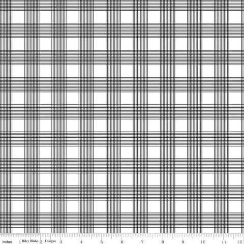 Image of the Press On Pinstripe Plaid Black quilting cotton fabric by J. Wecker Frisch for Riley Blake Designs. Features a thin stripe plaid on a white background. 
Cute Little Fabric Shop