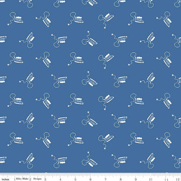 Image of the Press On Mini Irons Denim quilting cotton fabric by J. Wecker Frisch for Riley Blake Designs. Features scattered mini irons on a blue background. 
Cute Little Fabric Shop