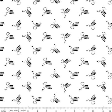 Image of the Press On Mini Irons Black quilting cotton fabric by J. Wecker Frisch for Riley Blake Designs. Features scattered mini irons on a white background. 
Cute Little Fabric Shop