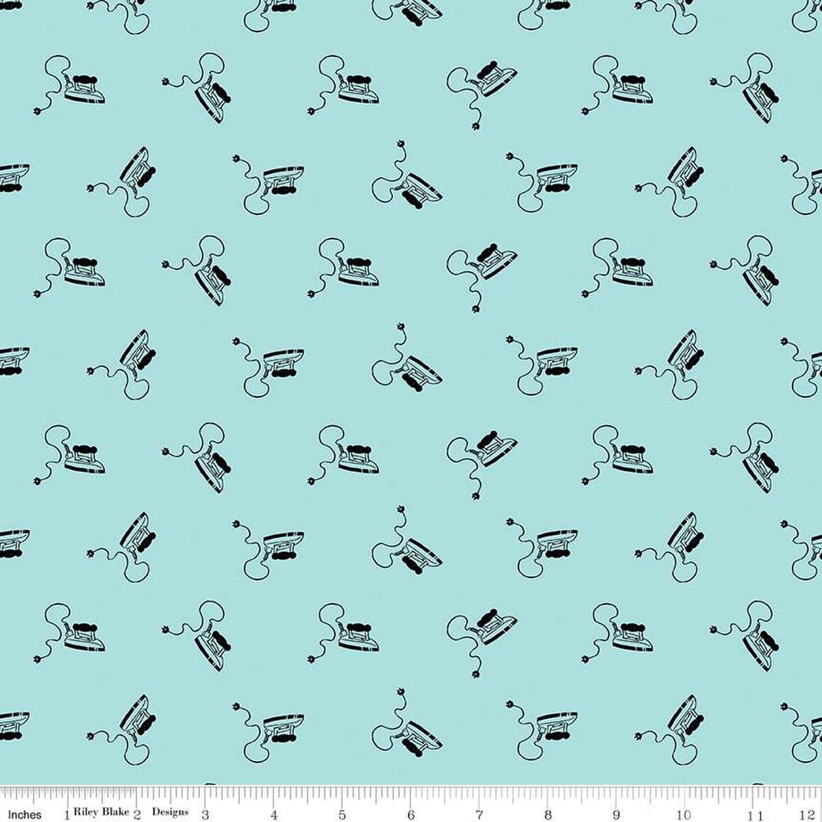 Image of the Press On Mini Irons Aqua quilting cotton fabric by J. Wecker Frisch for Riley Blake Designs. Features scattered mini irons on a aqua background. 
Cute Little Fabric Shop