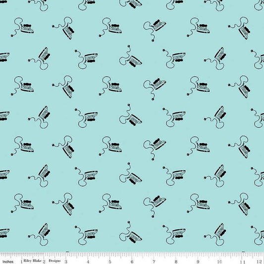 Image of the Press On Mini Irons Aqua quilting cotton fabric by J. Wecker Frisch for Riley Blake Designs. Features scattered mini irons on a aqua background. 
Cute Little Fabric Shop
