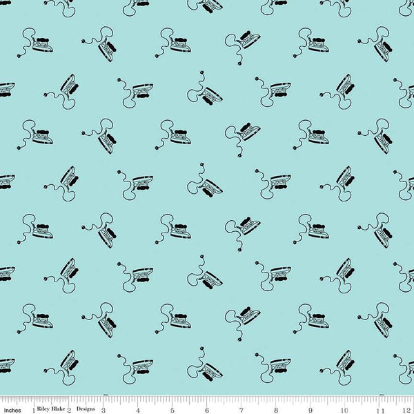 Image of the Press On Mini Irons Aqua quilting cotton fabric by J. Wecker Frisch for Riley Blake Designs. Features scattered mini irons on a aqua background. 
Cute Little Fabric Shop