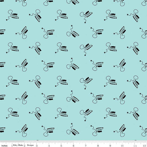 Image of the Press On Mini Irons Aqua quilting cotton fabric by J. Wecker Frisch for Riley Blake Designs. Features scattered mini irons on a aqua background. 
Cute Little Fabric Shop