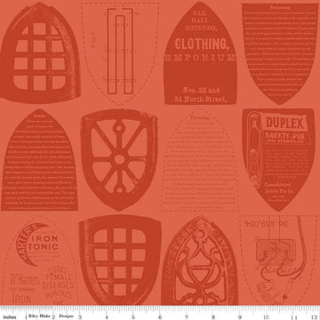 Image of the Press On Iron Plates Red quilting cotton fabric by J. Wecker Frisch for Riley Blake Designs. Features iron sole plates and iron-themed text on a red orange background. 
Cute Little Fabric Shop