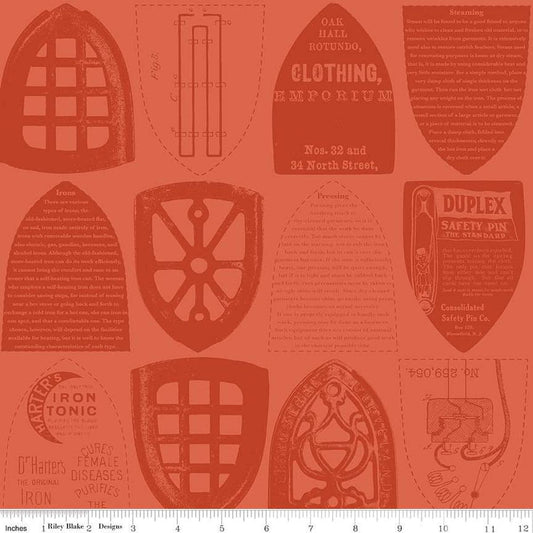 Image of the Press On Iron Plates Red quilting cotton fabric by J. Wecker Frisch for Riley Blake Designs. Features iron sole plates and iron-themed text on a red orange background. 
Cute Little Fabric Shop