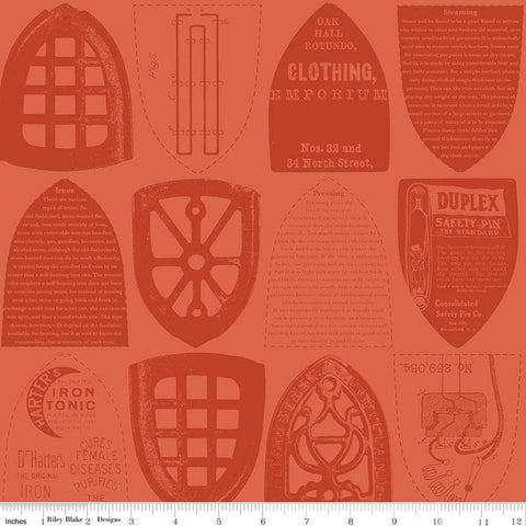 Image of the Press On Iron Plates Red quilting cotton fabric by J. Wecker Frisch for Riley Blake Designs. Features iron sole plates and iron-themed text on a red orange background. 
Cute Little Fabric Shop