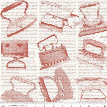 Image of the Press On Iron Toss Red quilting cotton fabric by J. Wecker Frisch for Riley Blake Designs. Features vintage irons on a background of iron-themed text on a white background. 
Cute Little Fabric Shop