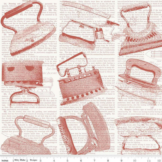 Image of the Press On Iron Toss Red quilting cotton fabric by J. Wecker Frisch for Riley Blake Designs. Features vintage irons on a background of iron-themed text on a white background. 
Cute Little Fabric Shop