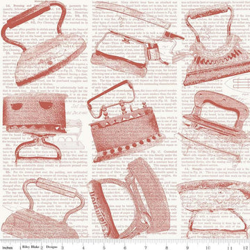 Image of the Press On Iron Toss Red quilting cotton fabric by J. Wecker Frisch for Riley Blake Designs. Features vintage irons on a background of iron-themed text on a white background. 
Cute Little Fabric Shop
