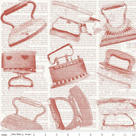 Image of the Press On Iron Toss Red quilting cotton fabric by J. Wecker Frisch for Riley Blake Designs. Features vintage irons on a background of iron-themed text on a white background. 
Cute Little Fabric Shop