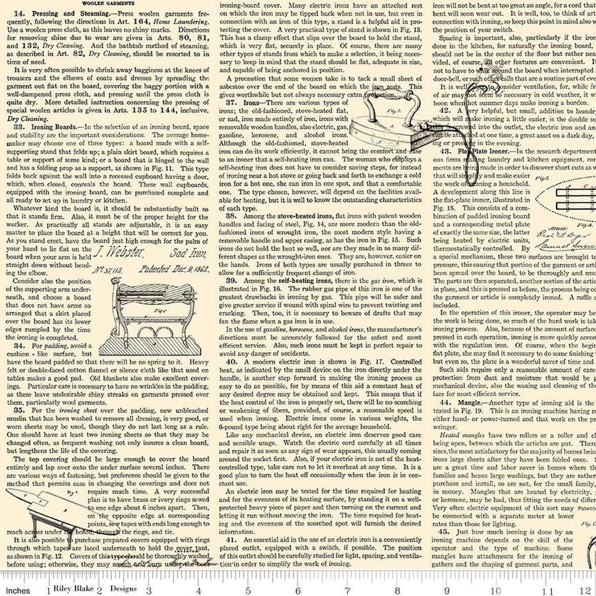 Image of the Press On Clothing Care Copy Parchment quilting cotton fabric by J. Wecker Frisch for Riley Blake Designs. Features vintage iron-themed text and on a cream beige background. 
Cute Little Fabric Shop