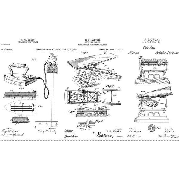 Image of the Press On Pressed Patents White quilting cotton pattern by J. Wecker Frisch for Riley Blake Designs. Features the patent patterns for irons on a white background. 
Cute Little Fabric Shop