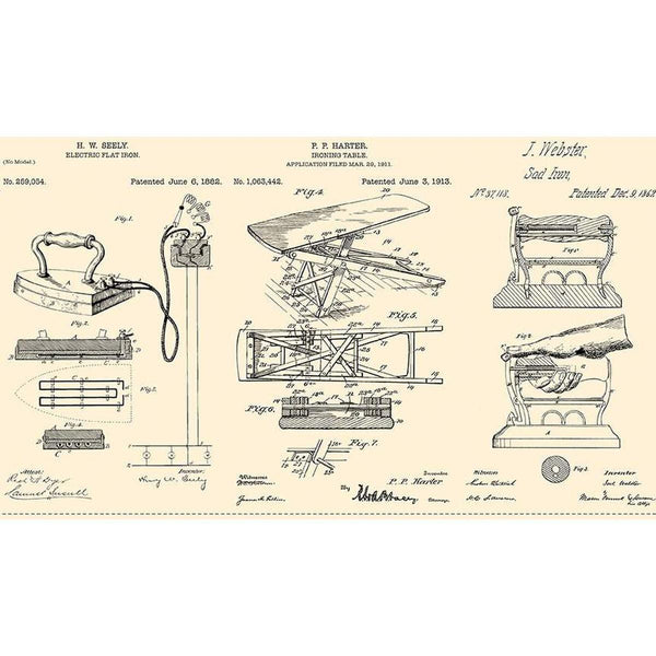 Image of the Press On Pressed Patents Parchment quilting cotton pattern by J. Wecker Frisch for Riley Blake Designs. Features the patent patterns for irons on a parchment background. 
Cute Little Fabric Shop