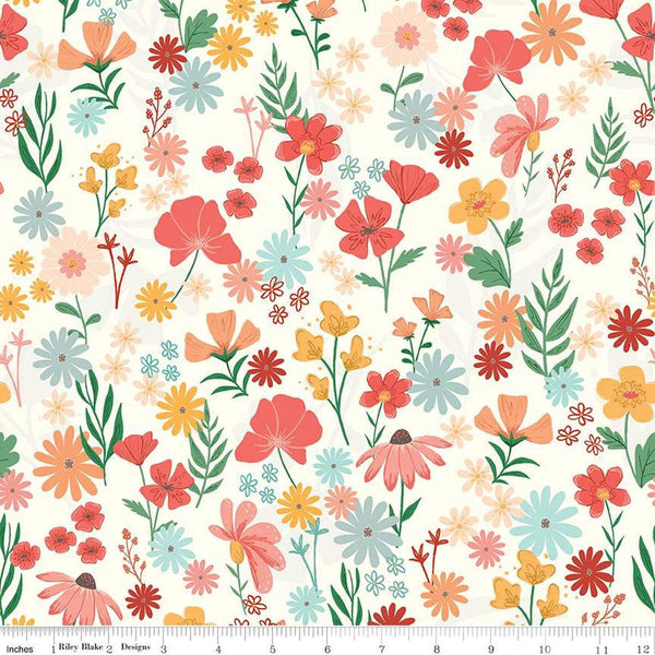 Image of the Stay Wild Main Cream quilting cotton fabric by Amanda Niederhauser by Riley Blake Designs. Features  wildflowers on a white background. 
Cute Little Fabric Shop