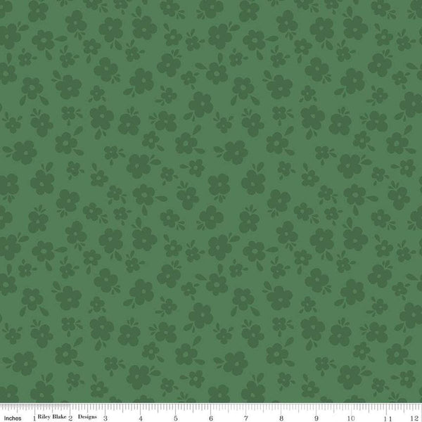 Image of the Stay Wild Tone-on-Tone Green quilting cotton fabric by Amanda Niederhauser by Riley Blake Designs. Features tone-on-tone blossoms on a dark green background. 
Cute Little Fabric Shop