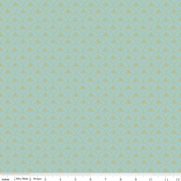 Image of the Stay Wild Baptist Fan Mist quilting cotton fabric by Amanda Niederhauser by Riley Blake Designs. Features  a scalloped pattern with a flower on a light blue background. 
Cute Little Fabric Shop