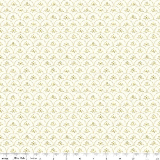 Image of the Stay Wild Baptist Fan Cream quilting cotton fabric by Amanda Niederhauser by Riley Blake Designs. Features  a scalloped pattern with a flower on a cream white background. 
Cute Little Fabric Shop