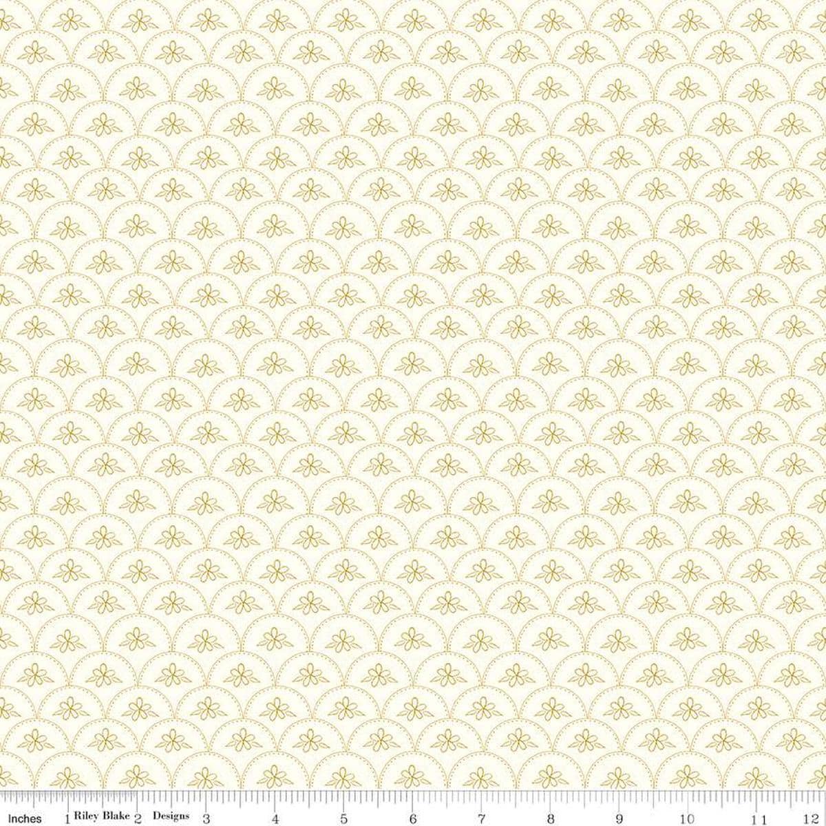 Image of the Stay Wild Baptist Fan Cream quilting cotton fabric by Amanda Niederhauser by Riley Blake Designs. Features  a scalloped pattern with a flower on a cream white background. 
Cute Little Fabric Shop