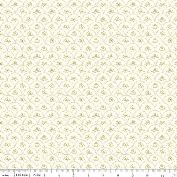 Image of the Stay Wild Baptist Fan Cream quilting cotton fabric by Amanda Niederhauser by Riley Blake Designs. Features  a scalloped pattern with a flower on a cream white background. 
Cute Little Fabric Shop