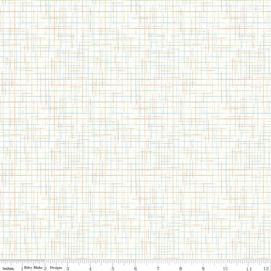 Image of the Lori Holt Gunny Sack Cream fabric by Riley Blake Designs. Features multicolored orange, blue, and green threads interwoven over a cream background. 
Cute Little Fabric Shop
