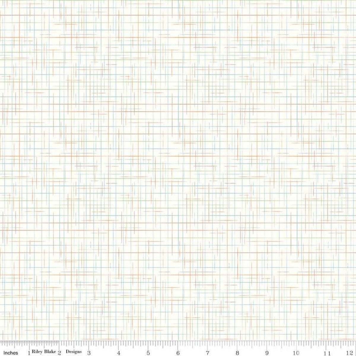 Image of the Lori Holt Gunny Sack Cream fabric by Riley Blake Designs. Features multicolored orange, blue, and green threads interwoven over a cream background. 
Cute Little Fabric Shop