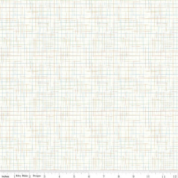 Image of the Lori Holt Gunny Sack Cream fabric by Riley Blake Designs. Features multicolored orange, blue, and green threads interwoven over a cream background. 
Cute Little Fabric Shop