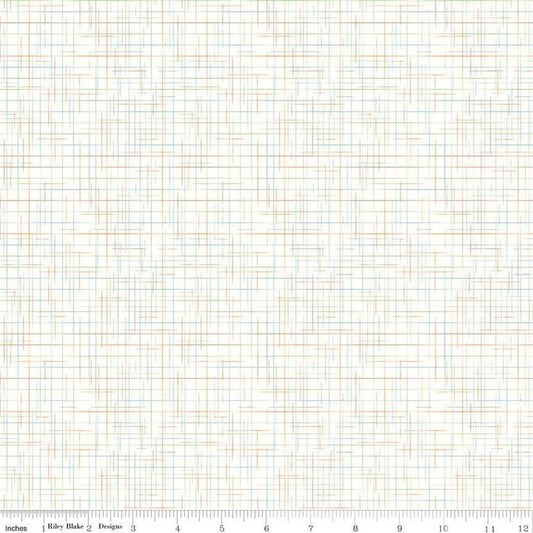 Image of the Lori Holt Gunny Sack Cream fabric by Riley Blake Designs. Features multicolored orange, blue, and green threads interwoven over a cream background. 
Cute Little Fabric Shop