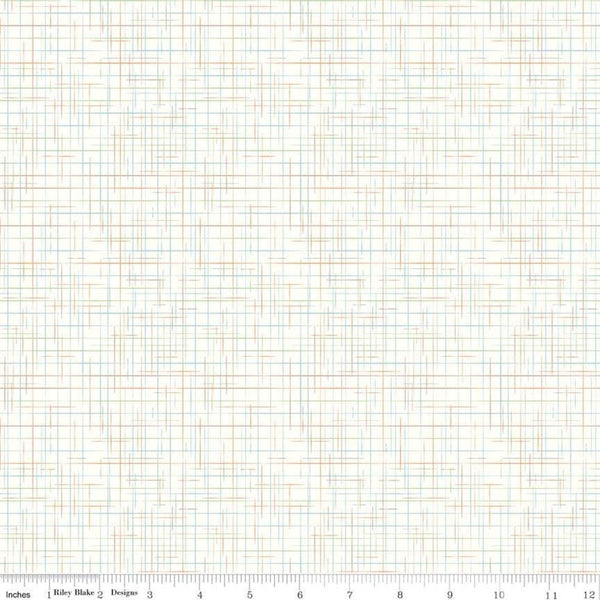 Image of the Lori Holt Gunny Sack Cream fabric by Riley Blake Designs. Features multicolored orange, blue, and green threads interwoven over a cream background. 
Cute Little Fabric Shop