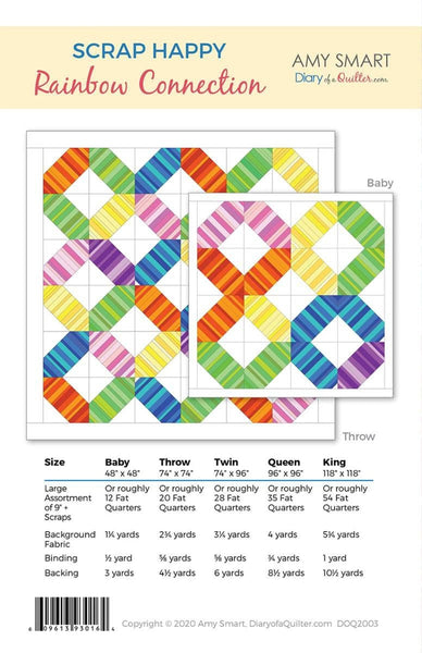 Image of the Scrap Happy Rainbow Connection quilt pattern by Amy Smart for Riley Blake Designs. Features a rainbow colored quilt pattern with X shapes and white squares, with fabric instructions. 
Cute Little Fabric Shop