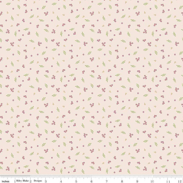 Image of the Home Town Holiday Berries Latte by Riley Blake Designs. Features small berries and elaves on a light pink beige background. 
Cute Little Fabric Shop